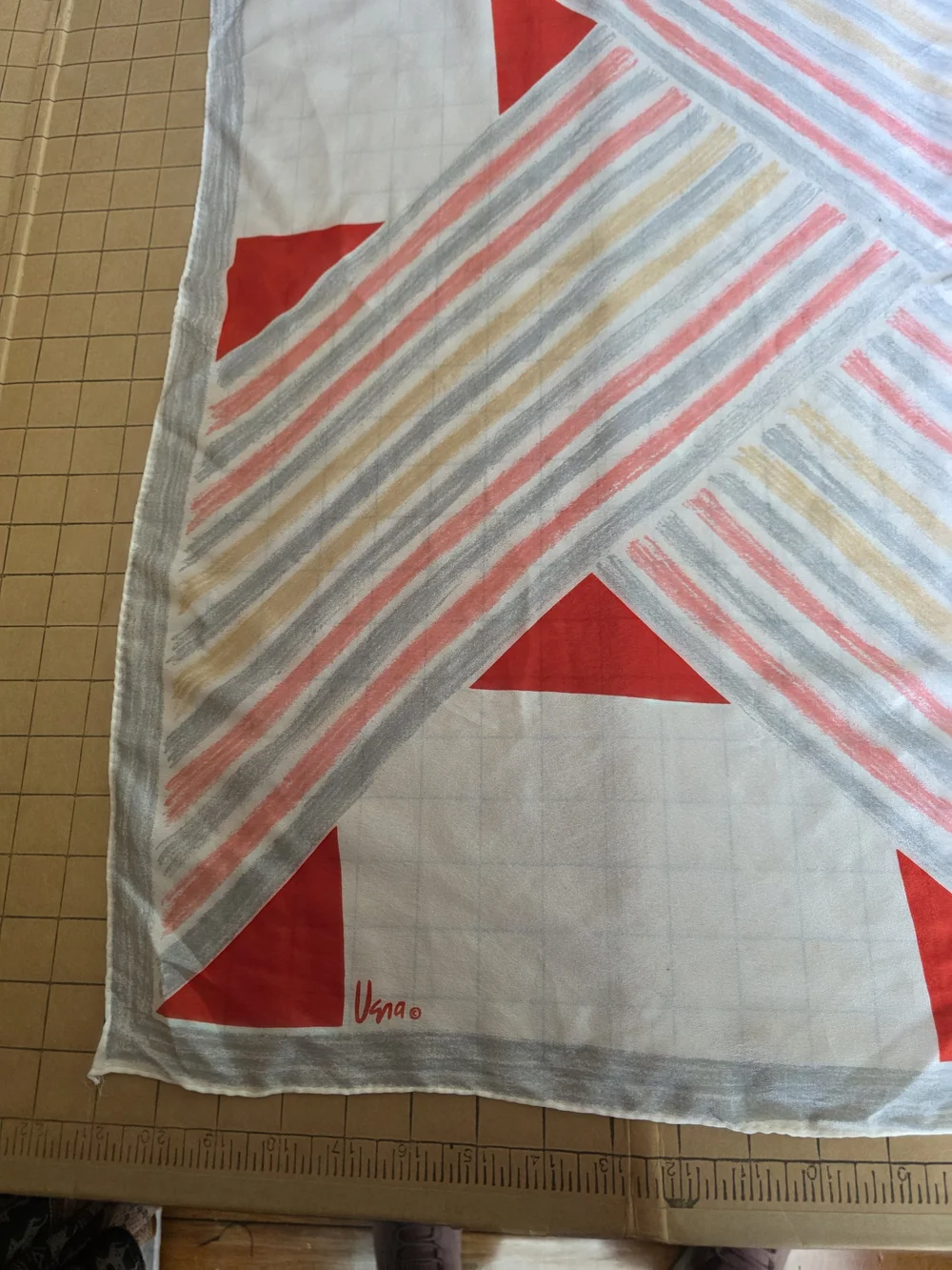 Vintage Vana Silk Scarf  Red Gray Beige Geometric Square Hand Rolled Hem Mod